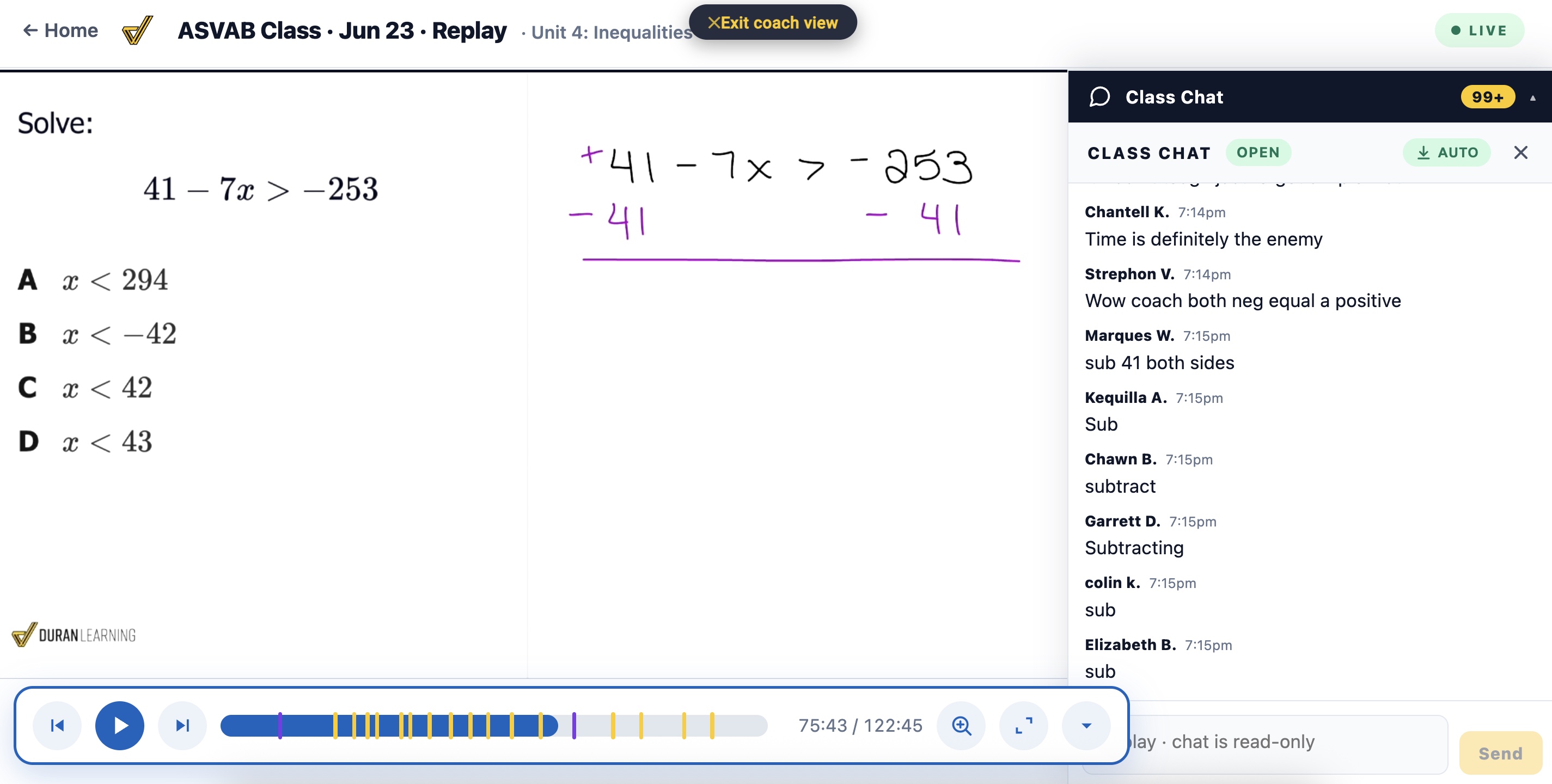 The Full Class Replay player — the recorded class playing back with the problem, the worked-out work, live class chat, and a scrubbable synced playhead along the bottom.