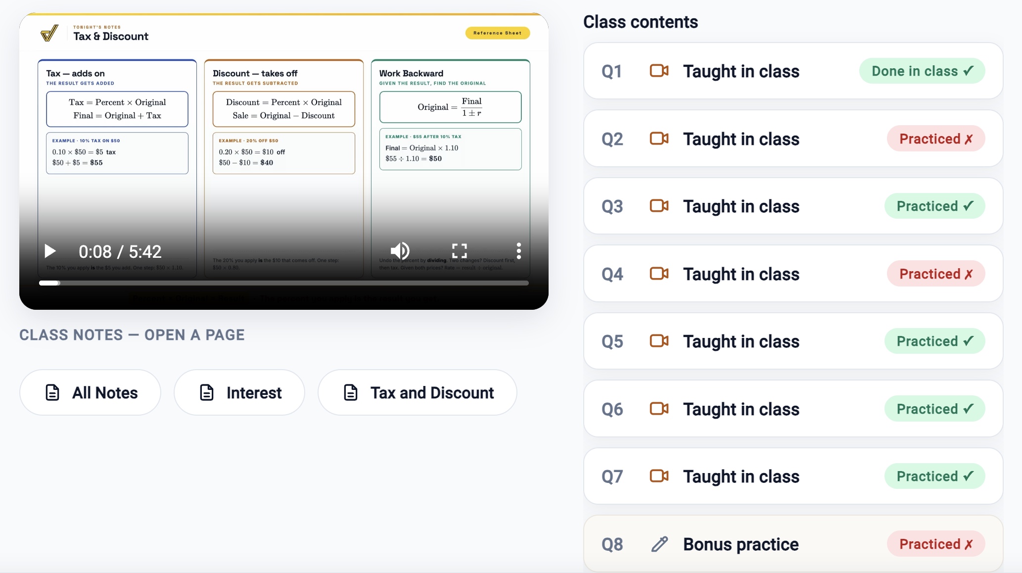 The class notes view — the notes pages for the night plus a button to open and download each as a PDF.