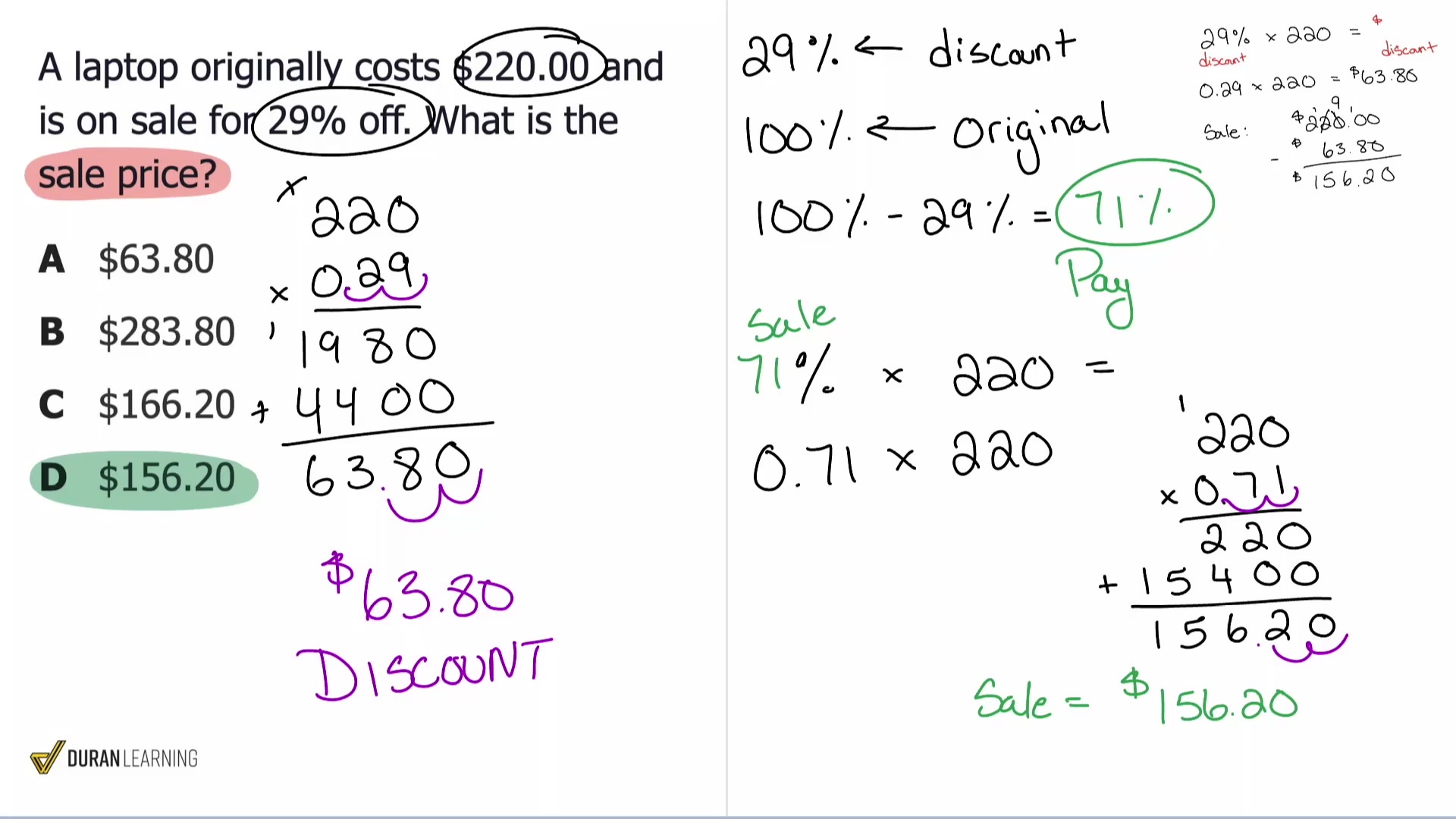 A worked-solution video still from an ASVAB class — solving the $220 laptop at 29% off, with the answer $156.20 worked out.