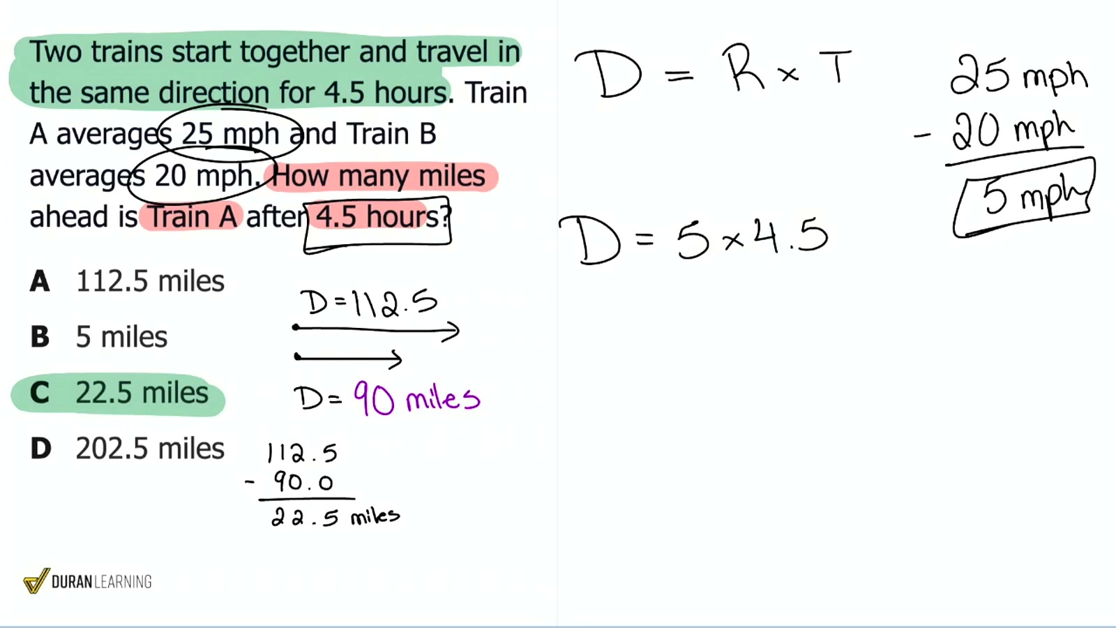 Coach Anderson's board during a live class: a two-train distance problem worked out by hand, with the correct answer highlighted