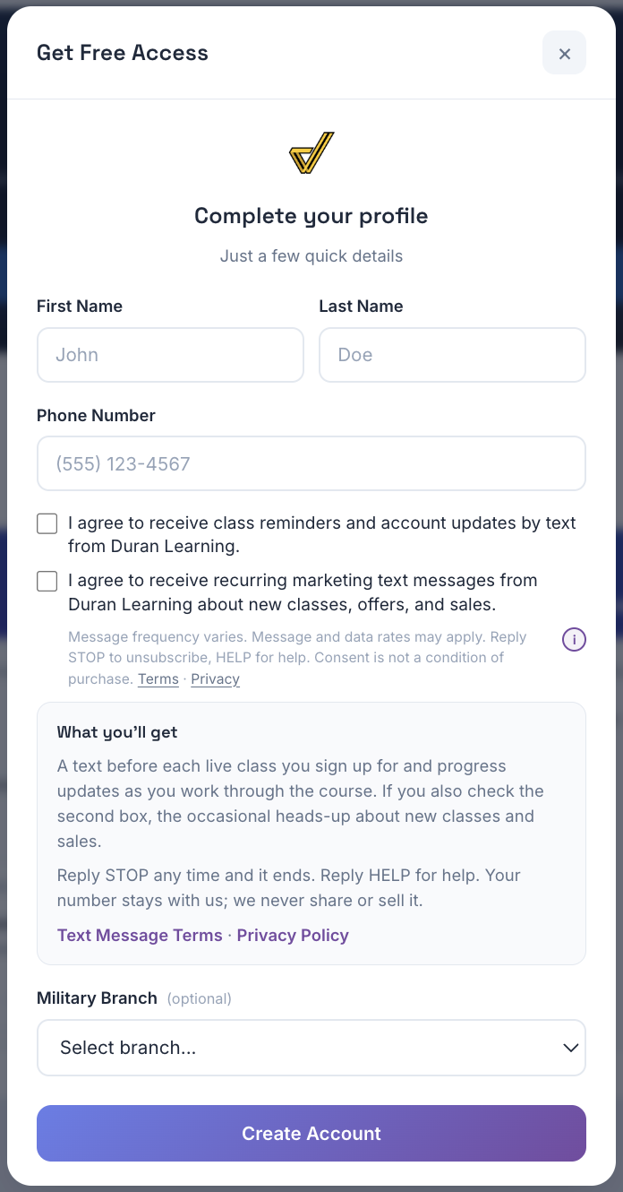 The same form with the details note expanded beneath the disclosure: what you'll get, reply STOP any time, reply HELP for help, your number is never shared or sold