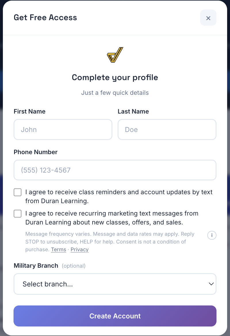 The signup form's profile step: phone number field, then two unchecked boxes, one for class reminders and account updates and one for marketing texts, with the disclosure beneath them